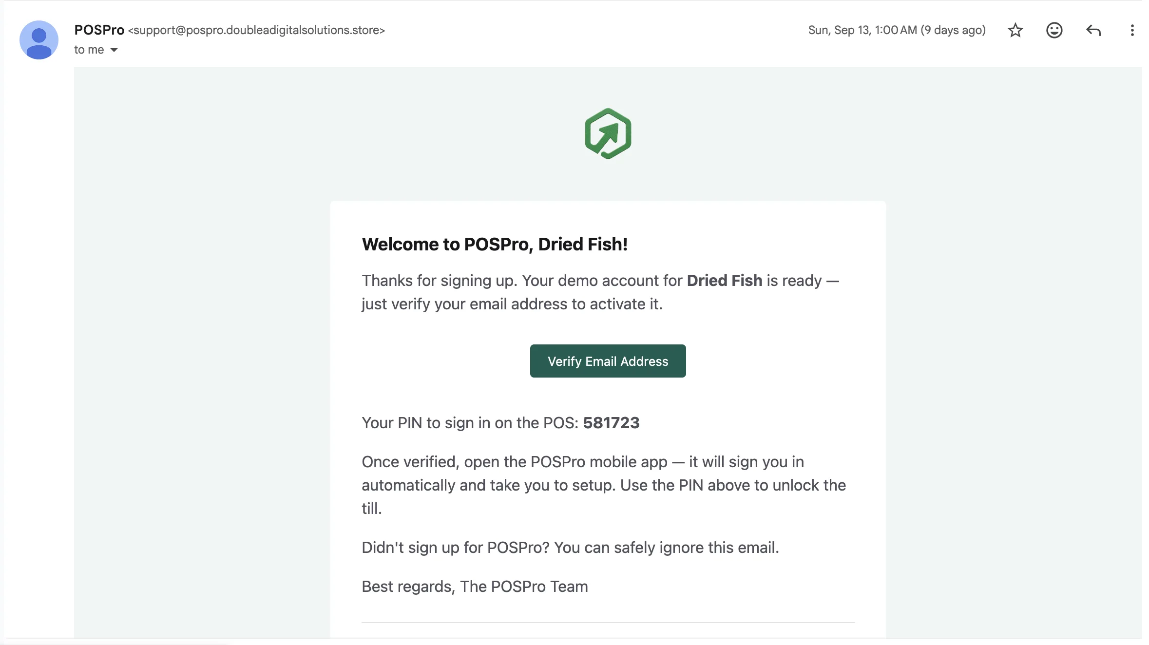 Welcome Email — Verify Link & POS PIN
